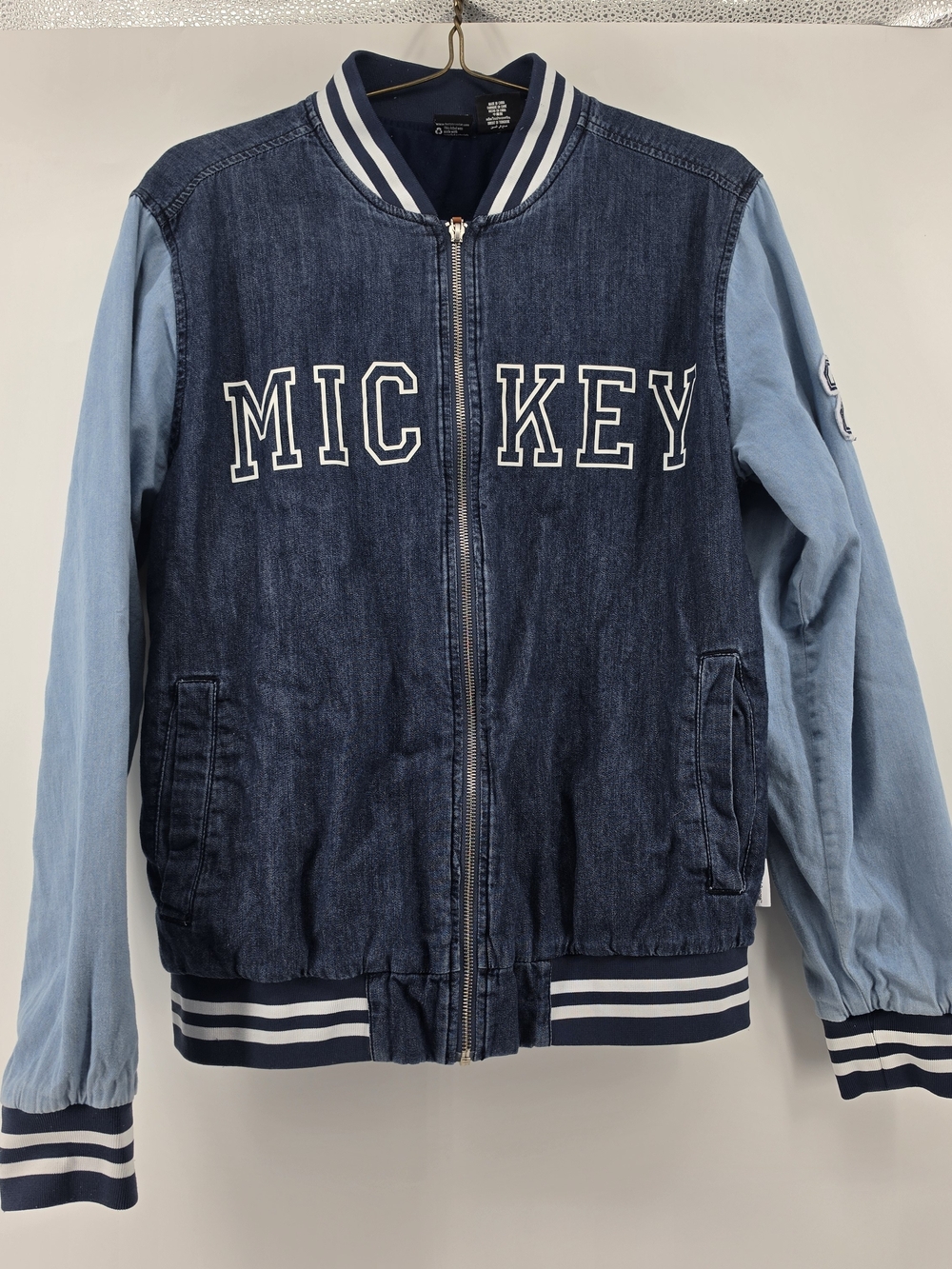 Disney Mickey Mouse Denim Varsity Bomber Jacket Two Tone Letterman Medium